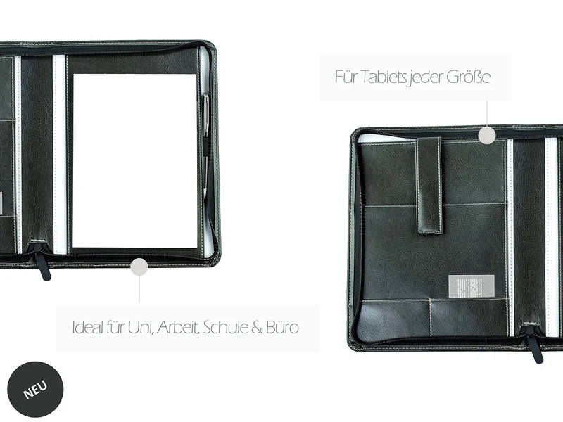 DELMON VARONE - Tablet Schreibmappe mit Reißverschluss inkl. Notizblock DIN A5 (50 Blatt) aus veganem Eco Kunstleder Grau - Organizer Konferenz Mappe mit Stifthalter & Einsteckfach - Dokumentenmappe
