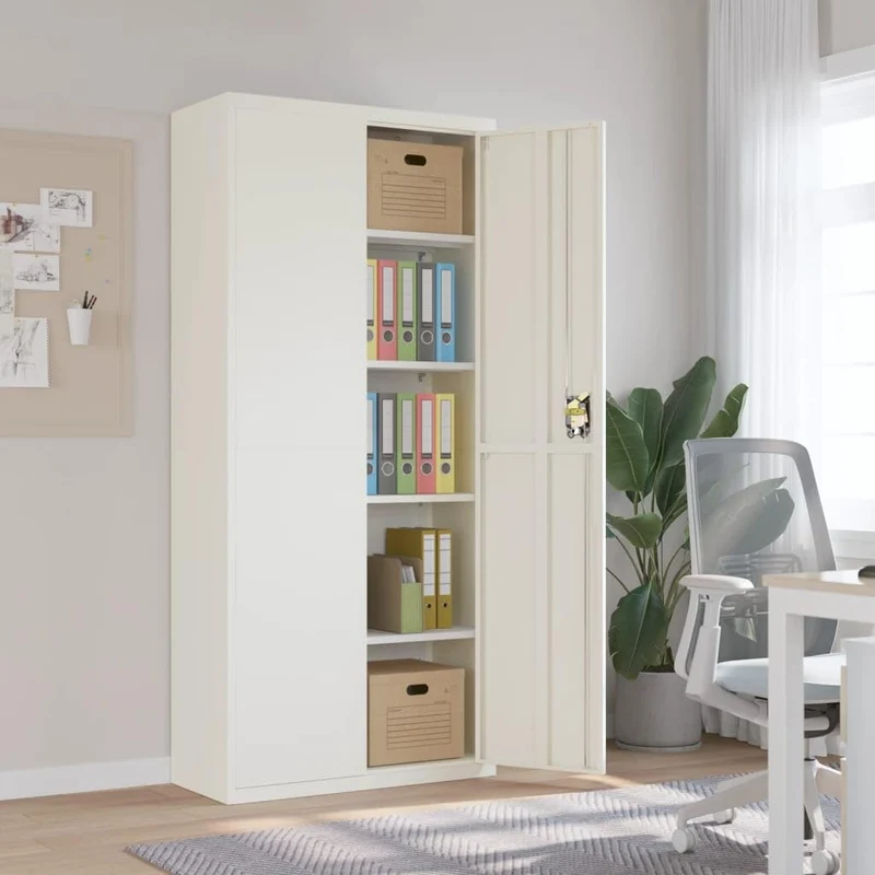 Aktenschrank Weiß aus pulverbeschichtetem Stahl 90x40x200 cm mit 4 Einlegeböden abschließbar für Büro, Homeoffice, Arbeitszimmer und Kanzlei zur sicheren Archivierung von Dokumenten und