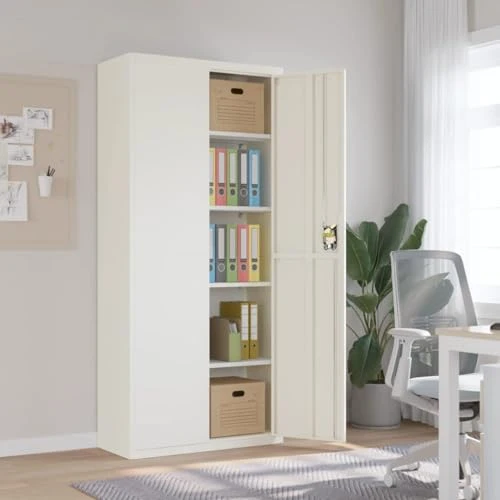 Aktenschrank Weiß aus pulverbeschichtetem Stahl 90x40x200 cm mit 4 Einlegeböden abschließbar für Büro, Homeoffice, Arbeitszimmer und Kanzlei zur sicheren Archivierung von Dokumenten und