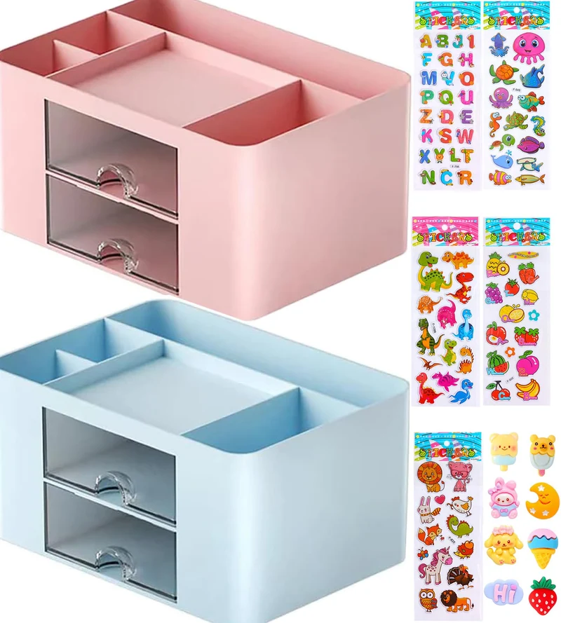 Schreibtisch Organizer mit Schubladen, Multifunktionaler Platzsparendes Desk Organizer Stifthalter Tisch Organizer für Schreibtisch mit 5 Fächern für Büro, Zuhause, Schule (Rosa+Blau)