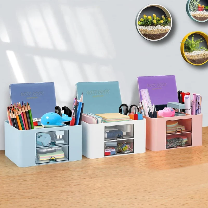 Schreibtisch Organizer mit Schubladen, Multifunktionaler Platzsparendes Desk Organizer Stifthalter Tisch Organizer für Schreibtisch mit 5 Fächern für Büro, Zuhause, Schule (Rosa+Blau)