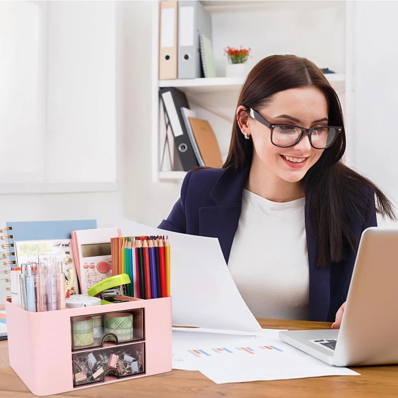 Schreibtisch Organizer mit Schubladen, Multifunktionaler Platzsparendes Desk Organizer Stifthalter Tisch Organizer für Schreibtisch mit 5 Fächern für Büro, Zuhause, Schule (Rosa+Blau)