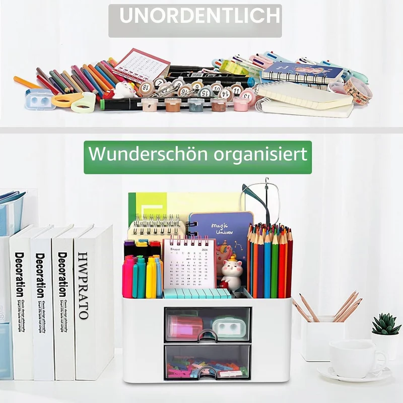Schreibtisch Organizer mit Schubladen, Multifunktionaler Platzsparendes Desk Organizer Stifthalter Tisch Organizer für Schreibtisch mit 5 Fächern für Büro, Zuhause, Schule (Rosa+Blau)