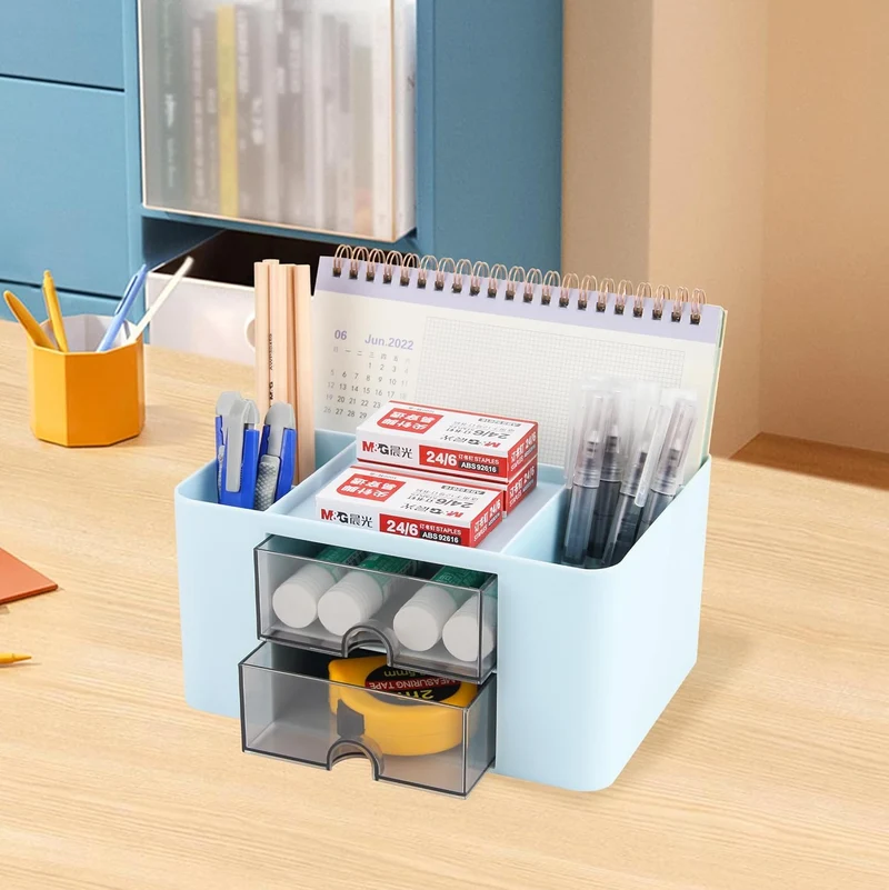Schreibtisch Organizer mit Schubladen, Multifunktionaler Platzsparendes Desk Organizer Stifthalter Tisch Organizer für Schreibtisch mit 5 Fächern für Büro, Zuhause, Schule (Rosa+Blau)