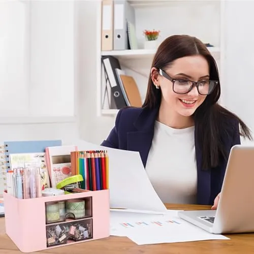 Schreibtisch Organizer mit Schubladen, Multifunktionaler Platzsparendes Desk Organizer Stifthalter Tisch Organizer für Schreibtisch mit 5 Fächern für Büro, Zuhause, Schule (Rosa+Blau)
