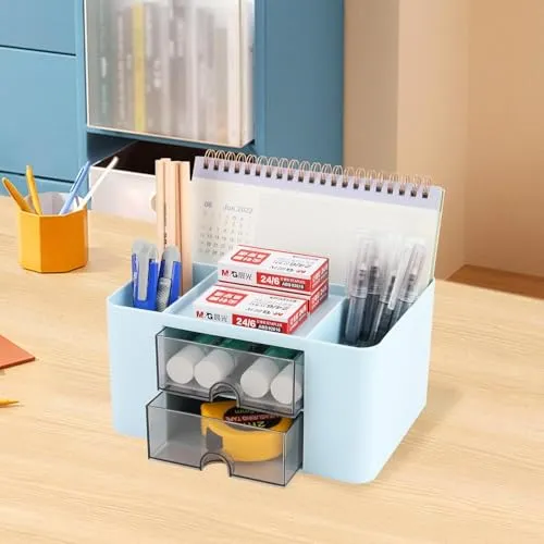 Schreibtisch Organizer mit Schubladen, Multifunktionaler Platzsparendes Desk Organizer Stifthalter Tisch Organizer für Schreibtisch mit 5 Fächern für Büro, Zuhause, Schule (Rosa+Blau)