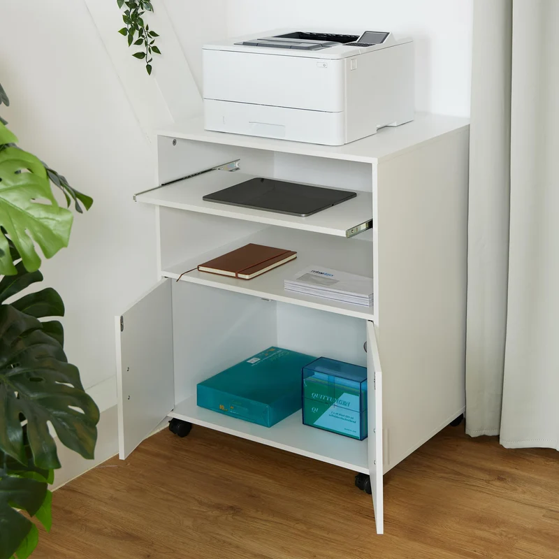 Relaxdays Rollcontainer mit 2 Fächern & Tastaturauszug, Druckertisch mit Rollen, HBT: 74 x 60 x 48 cm, Büroschrank, weiß