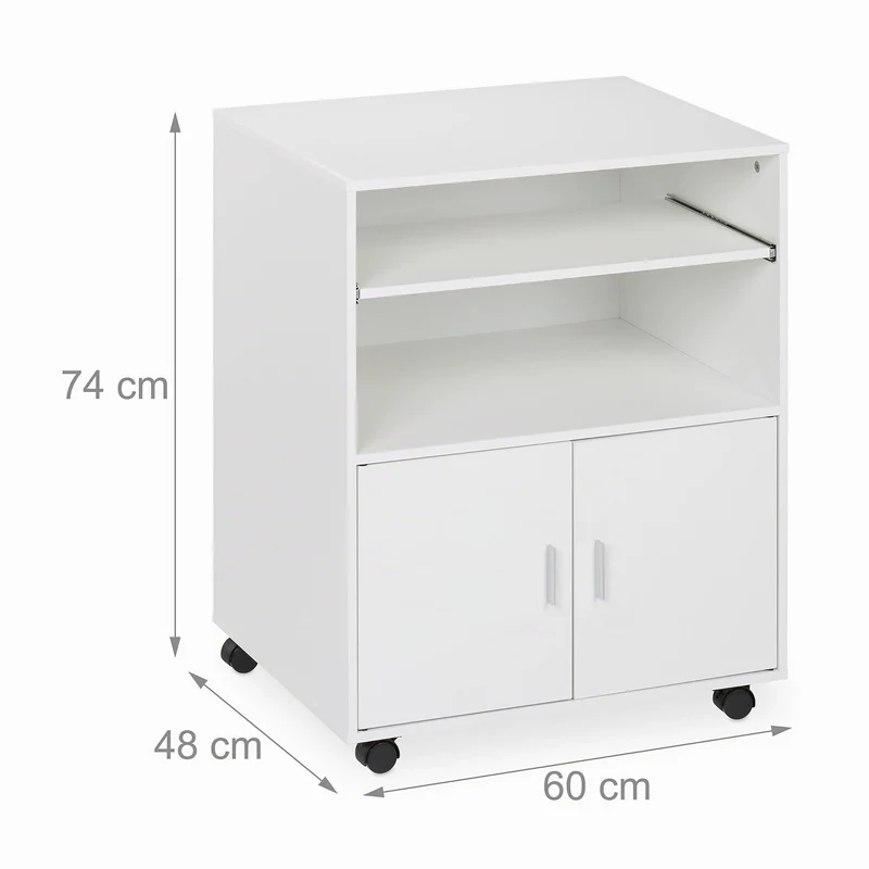 Relaxdays Rollcontainer mit 2 Fächern & Tastaturauszug, Druckertisch mit Rollen, HBT: 74 x 60 x 48 cm, Büroschrank, weiß