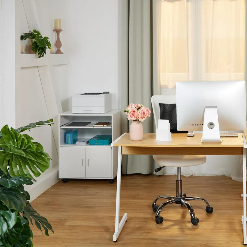 Relaxdays Rollcontainer mit 2 Fächern & Tastaturauszug, Druckertisch mit Rollen, HBT: 74 x 60 x 48 cm, Büroschrank, weiß
