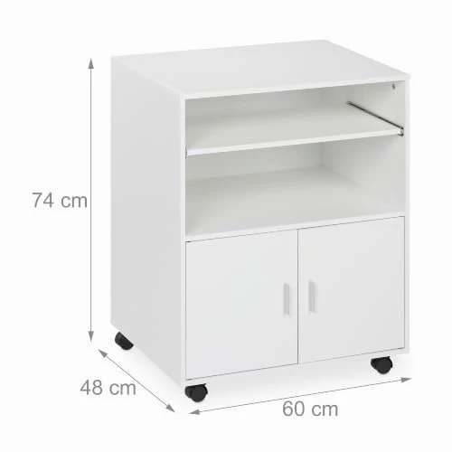Relaxdays Rollcontainer mit 2 Fächern & Tastaturauszug, Druckertisch mit Rollen, HBT: 74 x 60 x 48 cm, Büroschrank, weiß