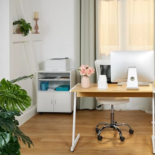 Relaxdays Rollcontainer mit 2 Fächern & Tastaturauszug, Druckertisch mit Rollen, HBT: 74 x 60 x 48 cm, Büroschrank, weiß