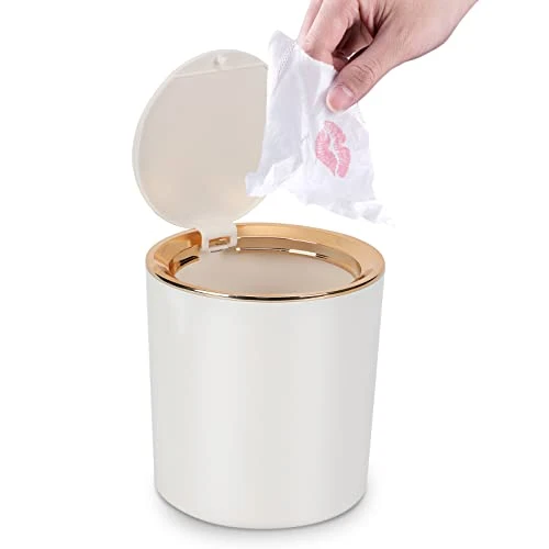 Tischmülleimer mit Deckel, Mini Mülleimer Tischabfalleimer 2.6L, Mülltonne Klein Papierkorb für Schreibtisch, Badezimmer, Wickeltisch, Küche (Weiß)