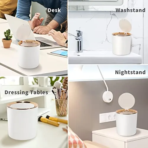Tischmülleimer mit Deckel, Mini Mülleimer Tischabfalleimer 2.6L, Mülltonne Klein Papierkorb für Schreibtisch, Badezimmer, Wickeltisch, Küche (Weiß)
