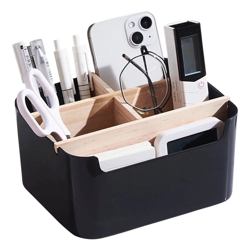 Schreibtisch Organizer Holz 5 Fächer, Bambus, Aufbewahrungsbox Schwarz