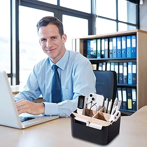 Schreibtisch Organizer Holz 5 Fächer, Bambus, Aufbewahrungsbox Schwarz