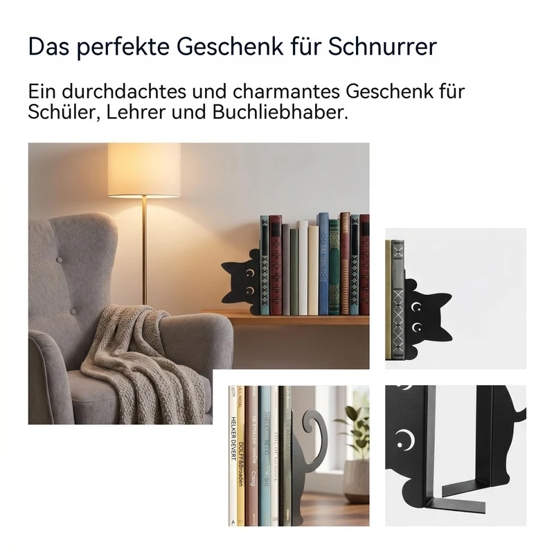 Buchstützen 2 Stück Buchhalter Metall Bücherstütze Schwarz Buchstütze Katze