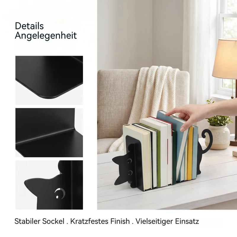 Buchstützen 2 Stück Buchhalter Metall Bücherstütze Schwarz Buchstütze Katze