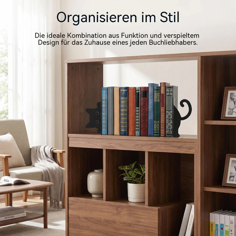 Buchstützen 2 Stück Buchhalter Metall Bücherstütze Schwarz Buchstütze Katze