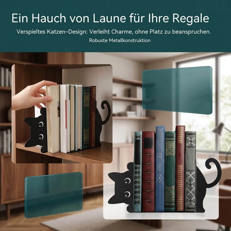Buchstützen 2 Stück Buchhalter Metall Bücherstütze Schwarz Buchstütze Katze