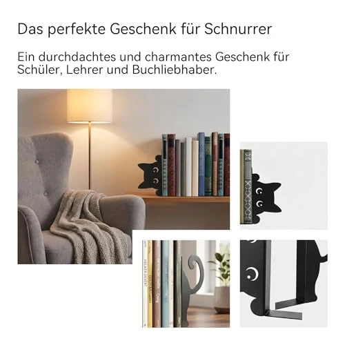 Buchstützen 2 Stück Buchhalter Metall Bücherstütze Schwarz Buchstütze Katze