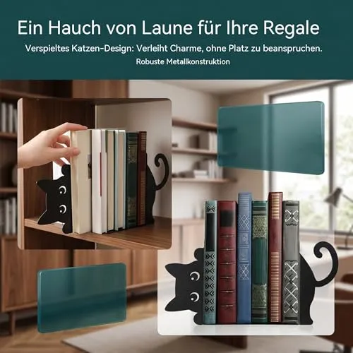 Buchstützen 2 Stück Buchhalter Metall Bücherstütze Schwarz Buchstütze Katze