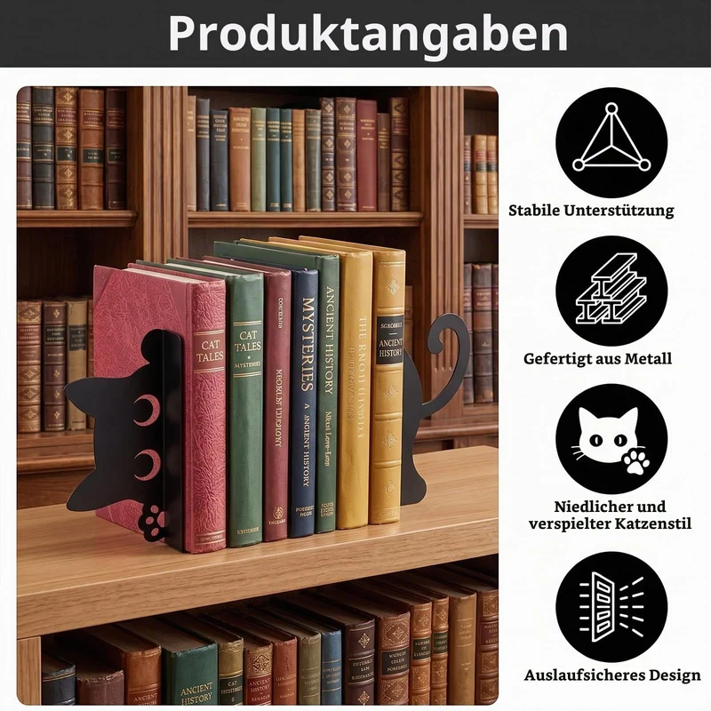 2 Stück Buchstützen aus Metall Katze,Katzenförmige Buchstützen