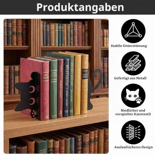 2 Stück Buchstützen aus Metall Katze,Katzenförmige Buchstützen