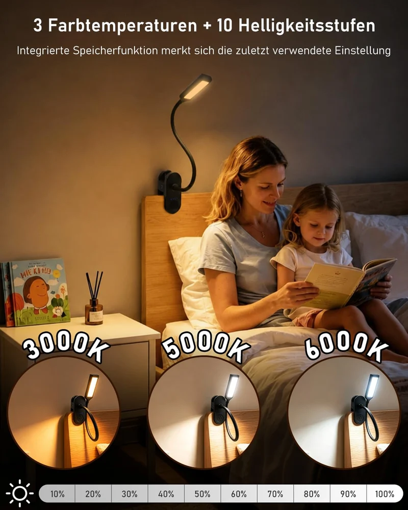Leselampe Bett, Klemmlampe Akku Für Schlafzimmer, Lesen, Camping (Schwarz)