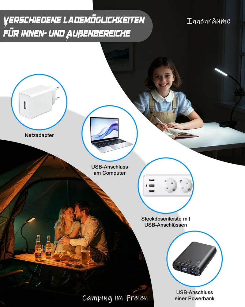 Leselampe Bett, Klemmlampe Akku Für Schlafzimmer, Lesen, Camping (Schwarz)