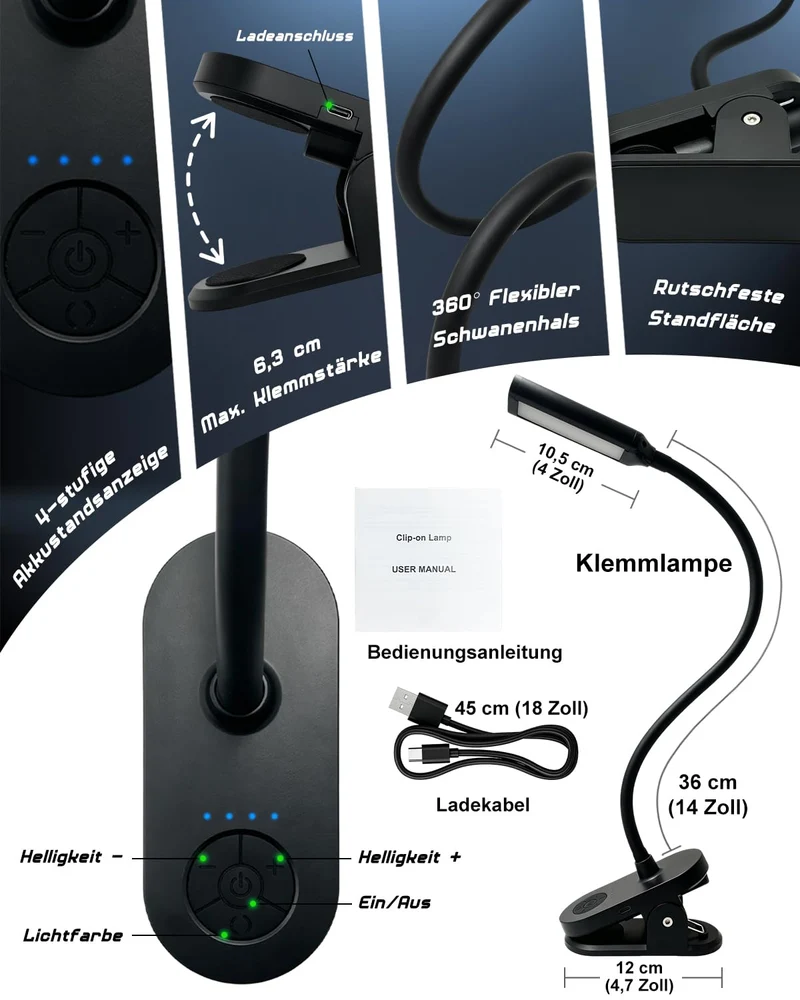 Leselampe Bett, Klemmlampe Akku Für Schlafzimmer, Lesen, Camping (Schwarz)