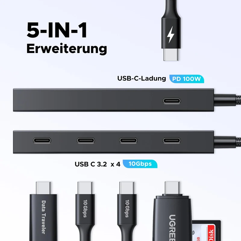 UGREEN USB C Hub 10 Gbps mit PD 100W USB C Splitter 4 Ports (30cm)