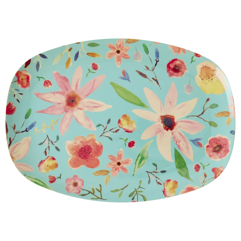 rice- Melamine Rectangular Plate with Selma Flower Print- Mint