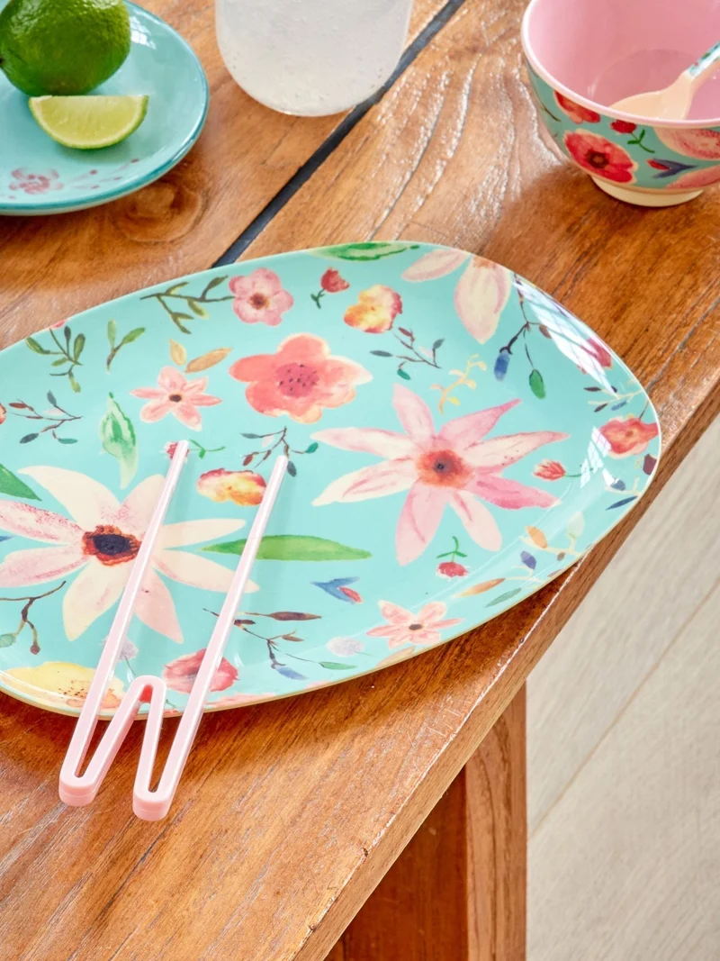rice- Melamine Rectangular Plate with Selma Flower Print- Mint