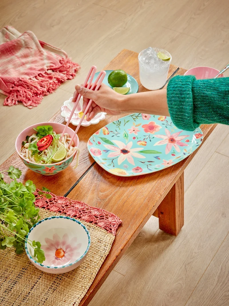 rice- Melamine Rectangular Plate with Selma Flower Print- Mint