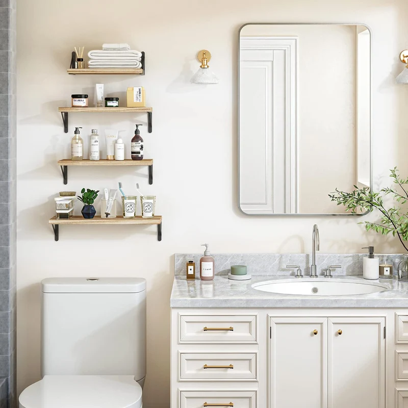 Wandregal Holz und Metall, 4er-Set Schweberegale mit 3 Montagemöglichkeiten – Dekoregal zur Wandmontage für Wohnzimmer, Küche, Schlafzimmer, Badezimmer und Büro