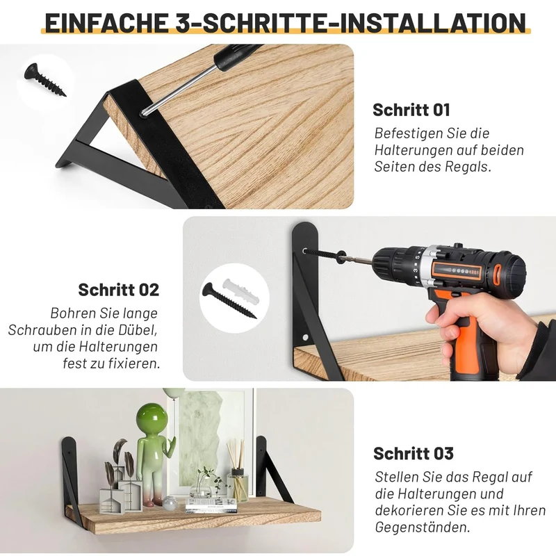 Wandregal Holz und Metall, 4er-Set Schweberegale mit 3 Montagemöglichkeiten – Dekoregal zur Wandmontage für Wohnzimmer, Küche, Schlafzimmer, Badezimmer und Büro