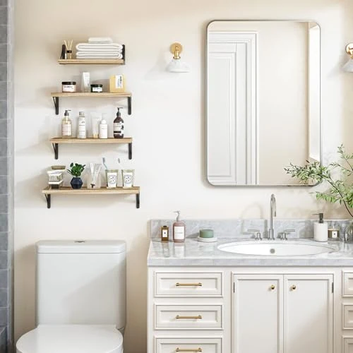 Wandregal Holz und Metall, 4er-Set Schweberegale mit 3 Montagemöglichkeiten – Dekoregal zur Wandmontage für Wohnzimmer, Küche, Schlafzimmer, Badezimmer und Büro