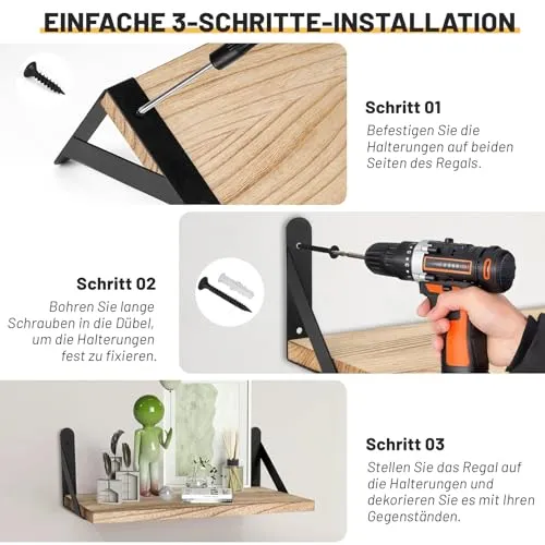 Wandregal Holz und Metall, 4er-Set Schweberegale mit 3 Montagemöglichkeiten – Dekoregal zur Wandmontage für Wohnzimmer, Küche, Schlafzimmer, Badezimmer und Büro