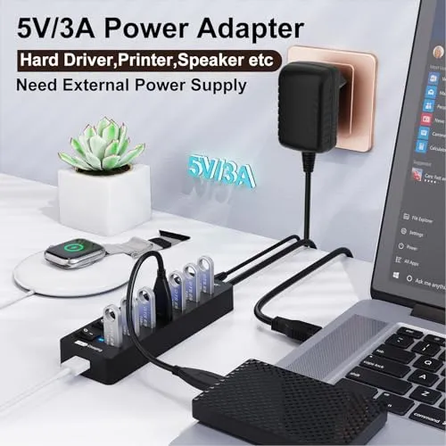 USB Hub Aktiv 3.0 mit Netzteil, VEMONT 8 Ports USB Verteiler mit 7*USB-Hub