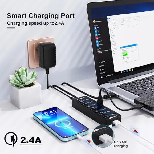 USB Hub Aktiv 3.0 mit Netzteil, VEMONT 8 Ports USB Verteiler mit 7*USB-Hub