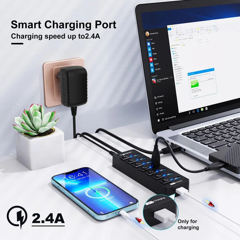 USB Hub Aktiv 3.0 mit Netzteil, VEMONT 8 Ports USB Verteiler mit 7*USB-Hub