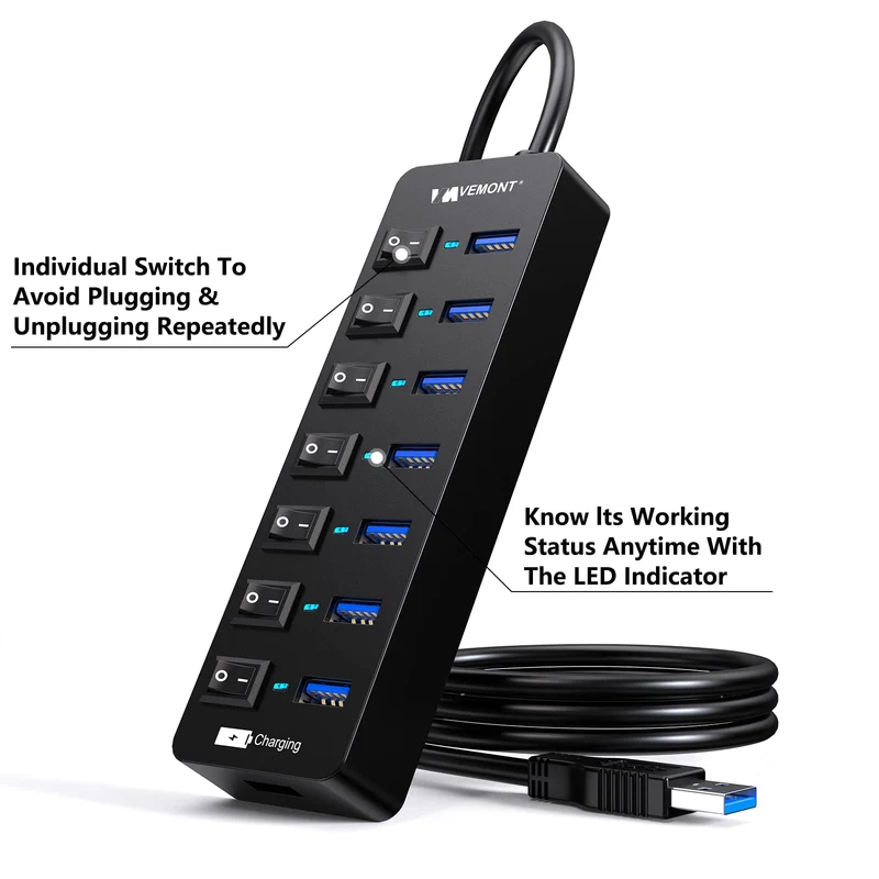 USB Hub Aktiv 3.0 mit Netzteil, VEMONT 8 Ports USB Verteiler mit 7*USB-Hub