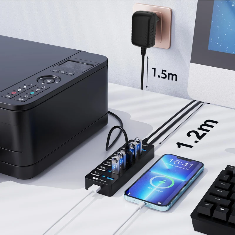 USB Hub Aktiv 3.0 mit Netzteil, VEMONT 8 Ports USB Verteiler mit 7*USB-Hub