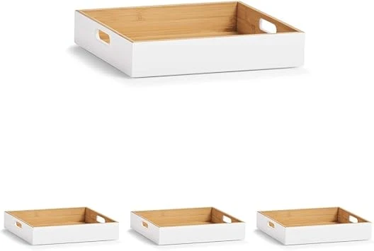 Zeller 13358 Aufbewahrungskiste, Bamboo, weiß, ca. 30 x 27 x 6 cm, stapelbar, seitliche Tragefgriffe, Ordnungsbox flach (Packung mit 4)
