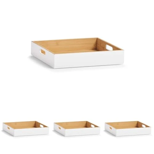 Zeller 13358 Aufbewahrungskiste, Bamboo, weiß, ca. 30 x 27 x 6 cm, stapelbar, seitliche Tragefgriffe, Ordnungsbox flach (Packung mit 4)