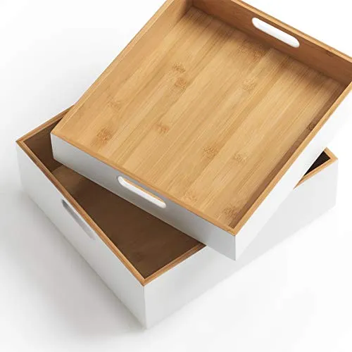 Zeller 13358 Aufbewahrungskiste, Bamboo, weiß, ca. 30 x 27 x 6 cm, stapelbar, seitliche Tragefgriffe, Ordnungsbox flach (Packung mit 4)