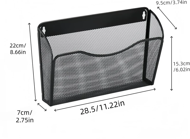 Wandmontierter Dokumentenhalter, Zeitschriftenhalter, vertikaler Organizer, Platzsparende Metallgitter-Tasche, für Zuhause, Küche, Büro (schwarz)