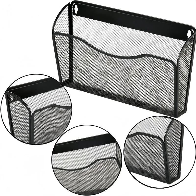 Wandmontierter Dokumentenhalter, Zeitschriftenhalter, vertikaler Organizer, Platzsparende Metallgitter-Tasche, für Zuhause, Küche, Büro (schwarz)