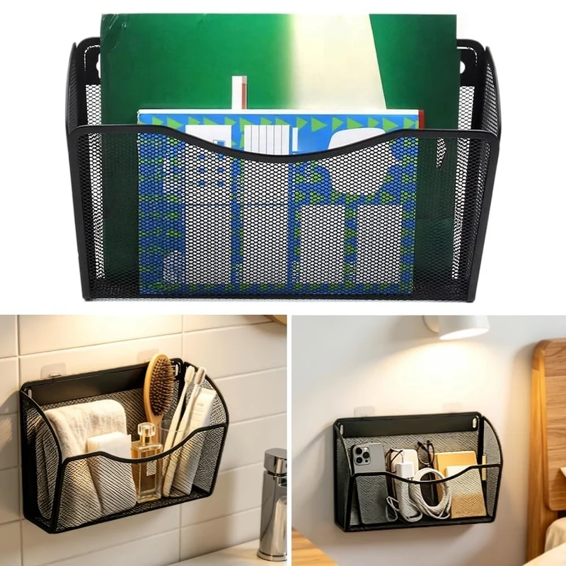 Wandmontierter Dokumentenhalter, Zeitschriftenhalter, vertikaler Organizer, Platzsparende Metallgitter-Tasche, für Zuhause, Küche, Büro (schwarz)