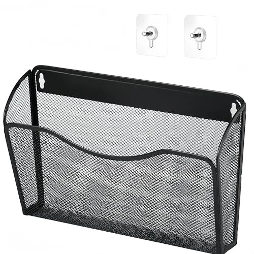 Wandmontierter Dokumentenhalter, Zeitschriftenhalter, vertikaler Organizer, Platzsparende Metallgitter-Tasche, für Zuhause, Küche, Büro (schwarz)